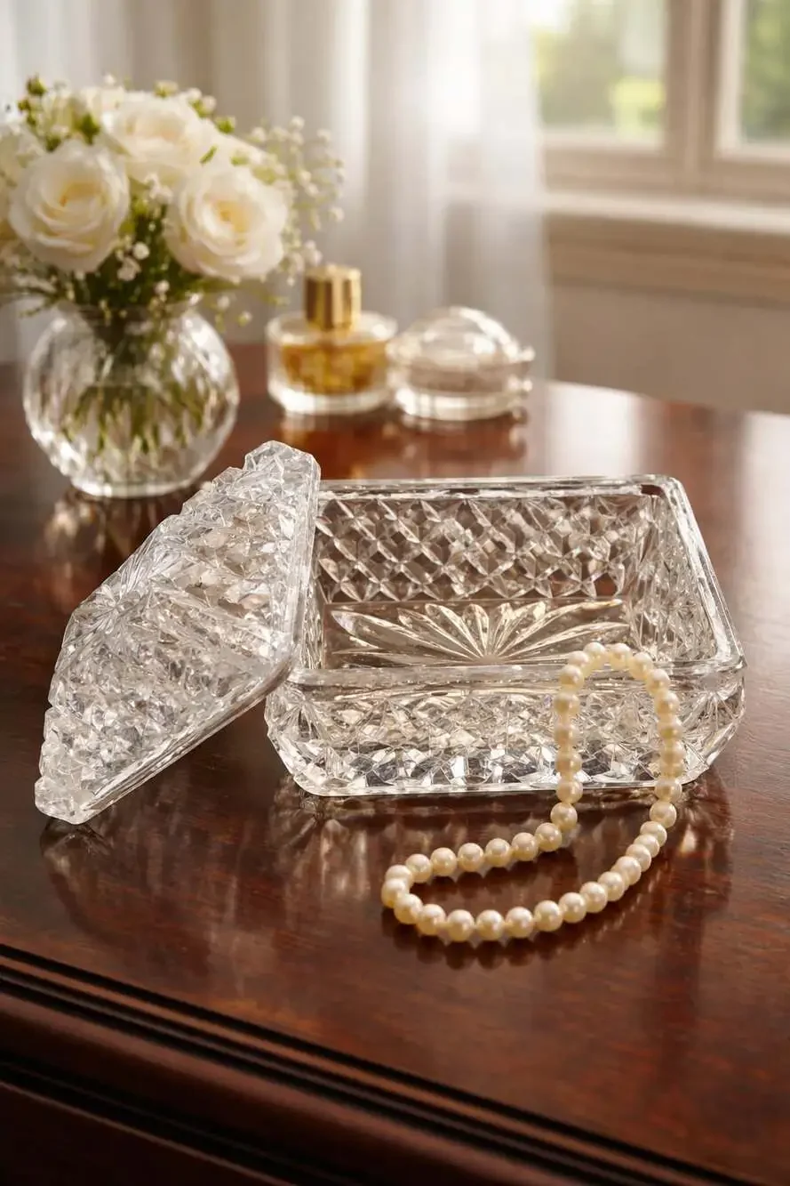 Vintage Cut Crystal Jewelry Trinket Box with Diamond Pattern